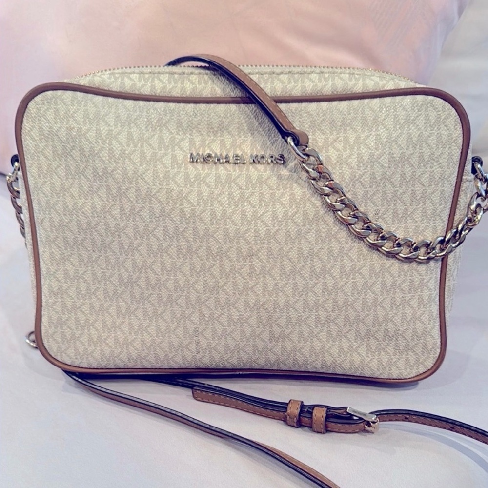 Michael Kors Cream Logo Crossbody with Tan Trim and Chain